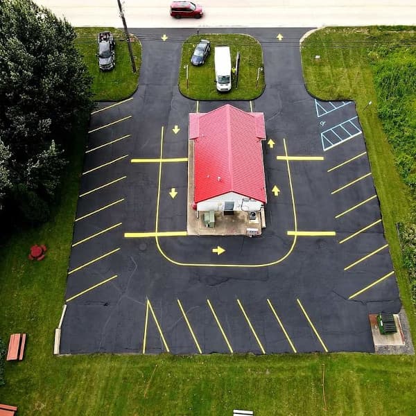 areal picture of parking lot that has been sealcoated